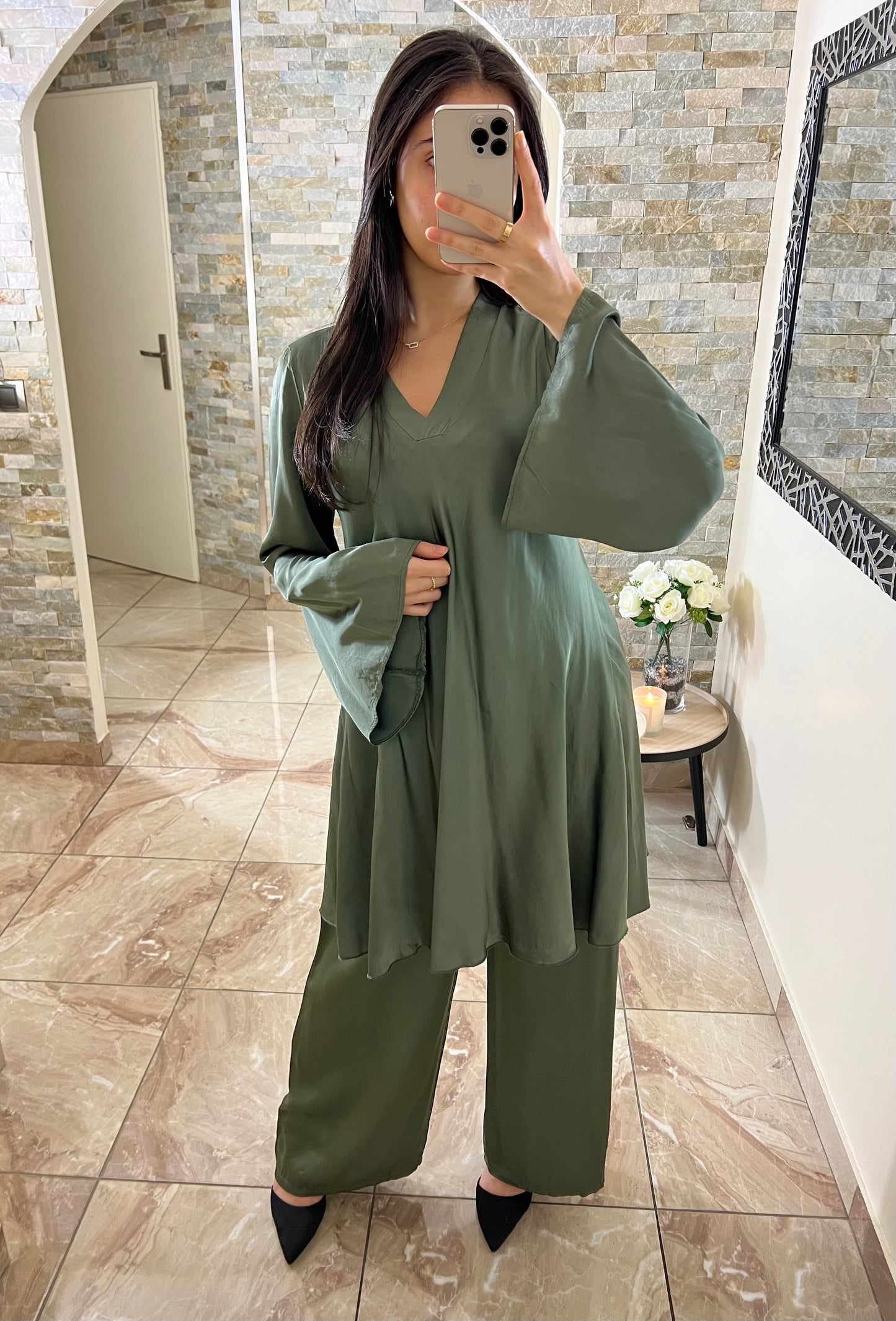 Khaki green silk set