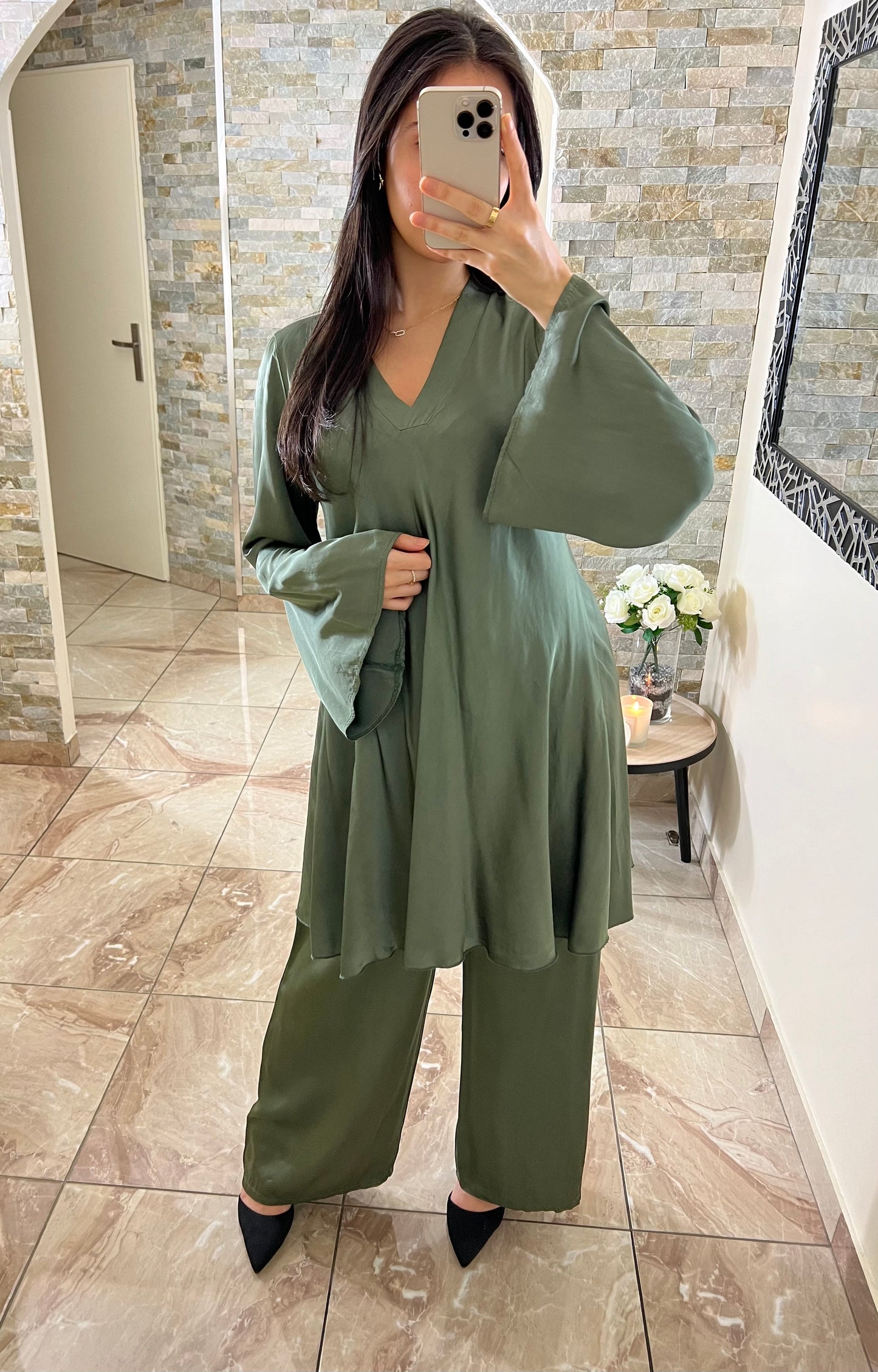 Khaki green silk set