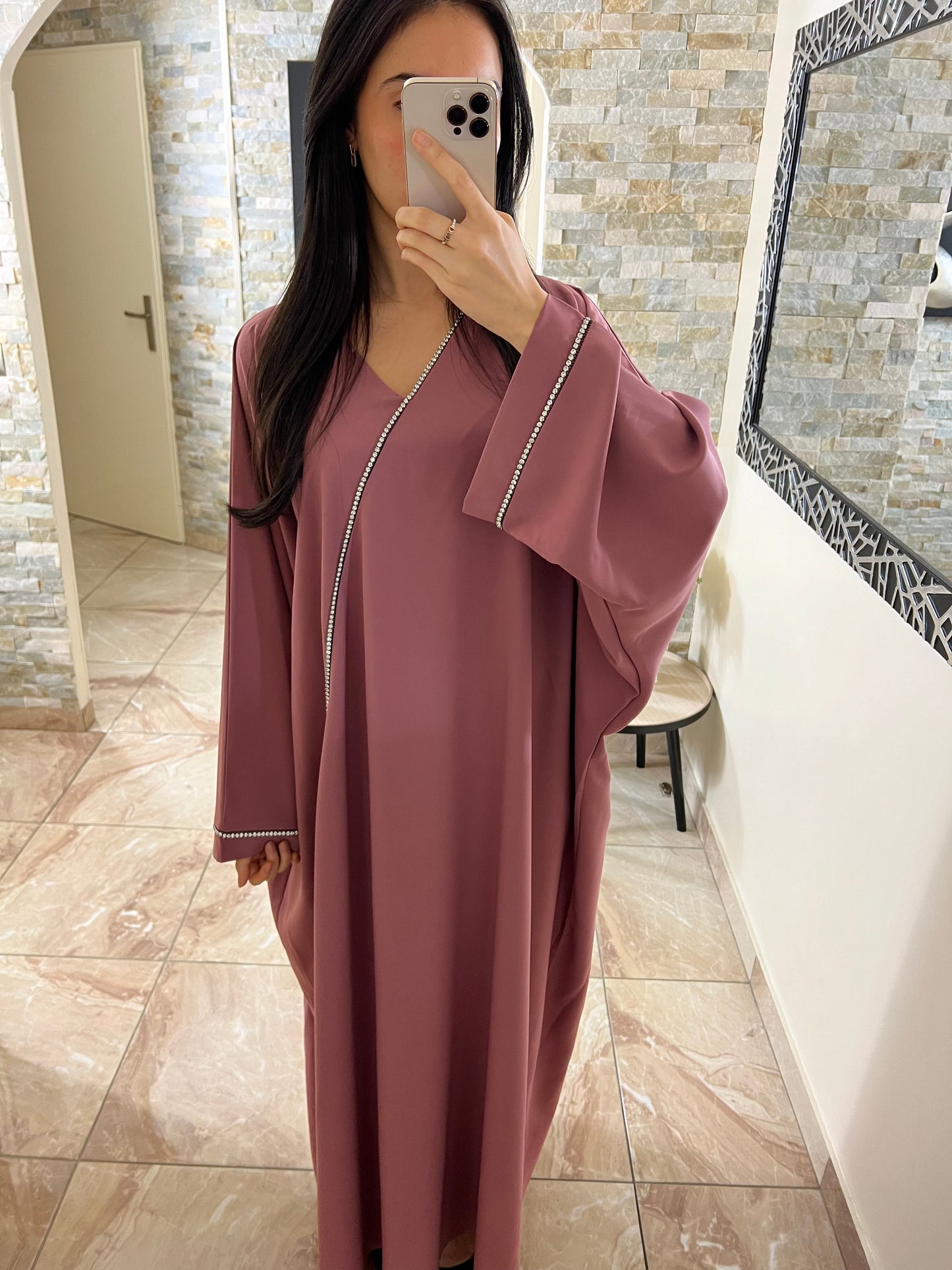 Pink rhinestone butterfly abaya