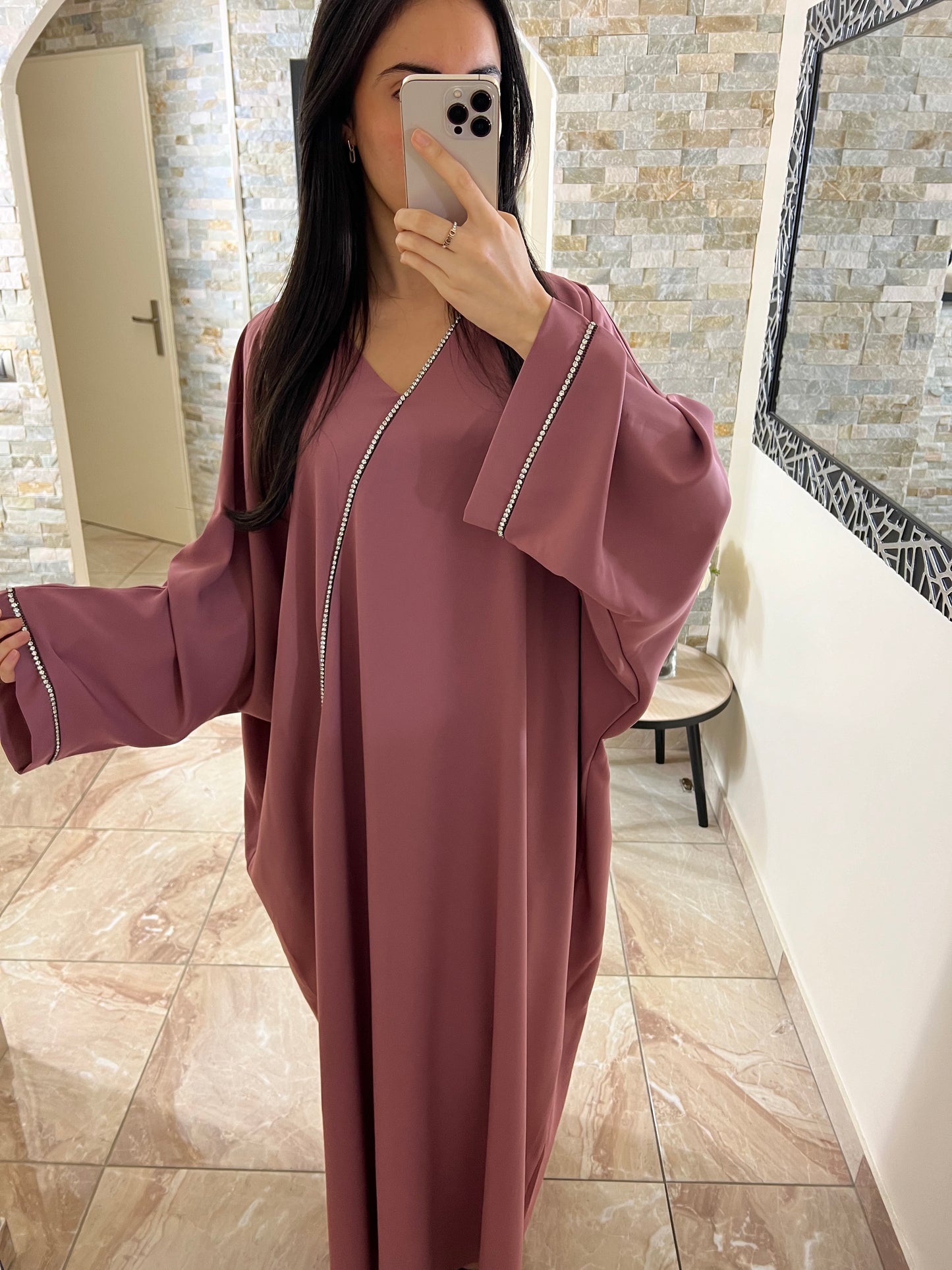 Pink rhinestone butterfly abaya