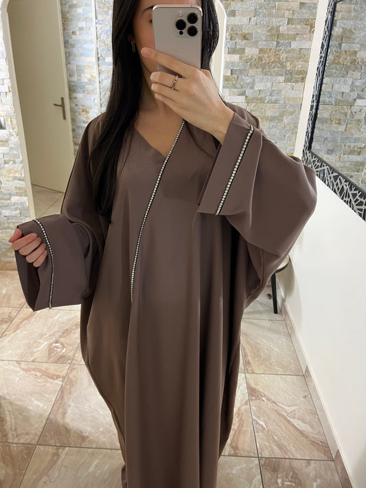 Abaya papillon strass taupe