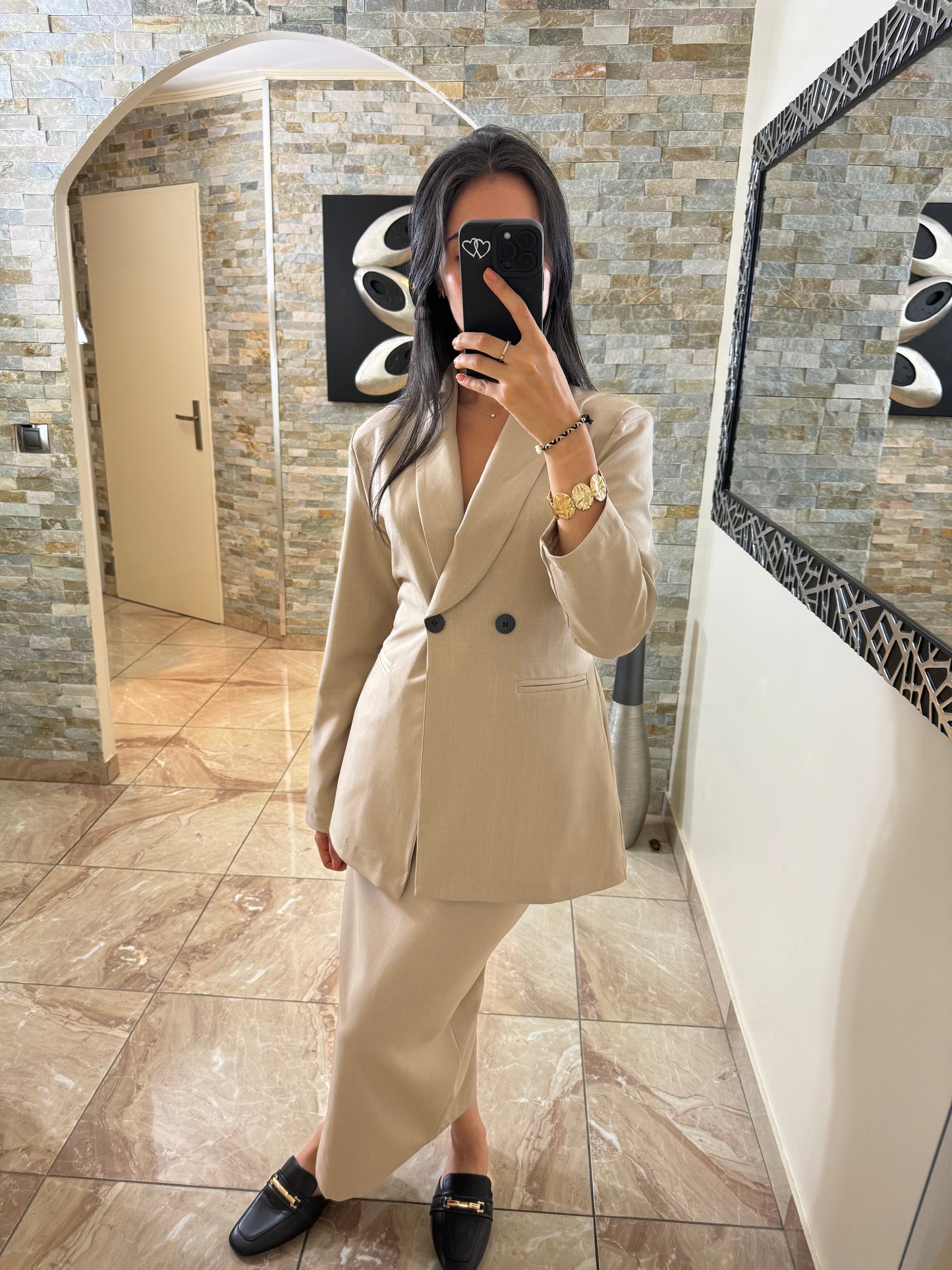 Ensemble tailleur blazer jupe beige