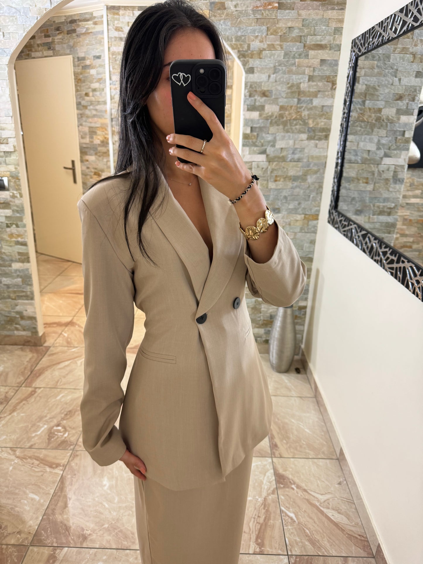 Ensemble tailleur blazer jupe beige