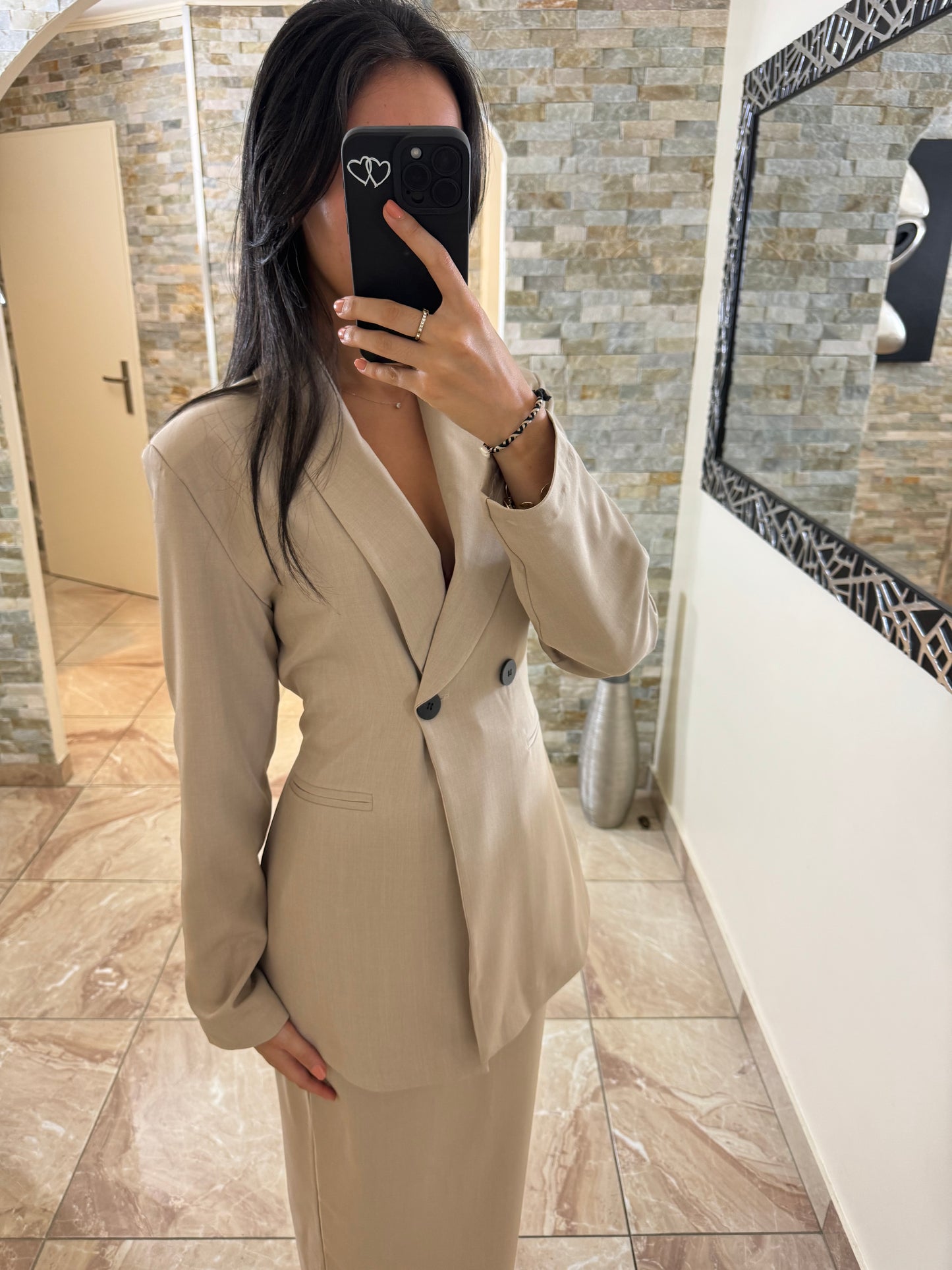 Ensemble tailleur blazer jupe beige